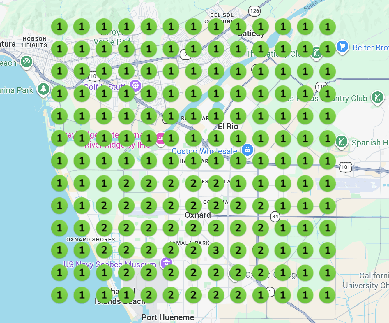 Geo-grid map ranking report for "concrete coating" around Oxnard, CA after working with Industry Mammoth — ranked #1 at nearly every scan point